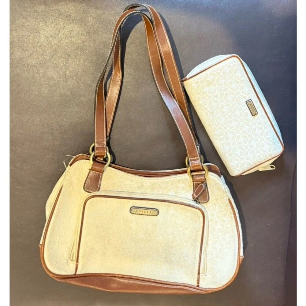 Rosetti shoulder bag with matching wallet in a white and brown color scheme.